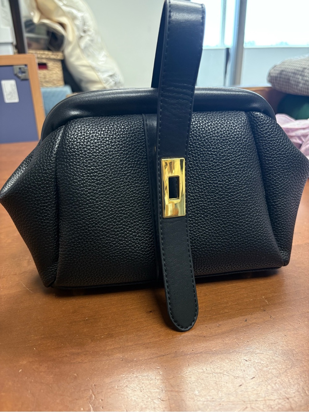 Structured Black Leather Wristlet Clutch/ Purse with Gold-Tone Accent